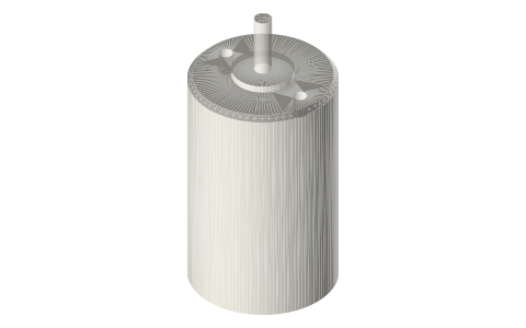 775 brushed DC motor Ø42 × 66.7 mm, Ø5 shaft, isometric render of a generated part