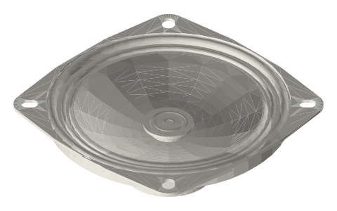 Speakers, amplifiers and microphones: 3 in, 40 mm, enclosed, STEMMA speaker, MAX98357, I2S/PDM mics, isometric render of a generated part