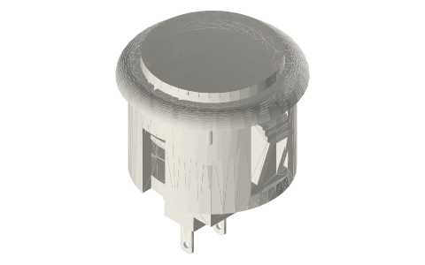 Arcade buttons, tactile and metal buttons, toggles, joysticks, thumbsticks, potentiometers, rotary encoders, isometric render of a generated part