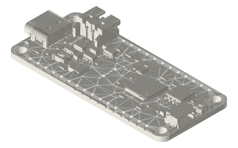 Adafruit Feather boards and FeatherWings, isometric render of a generated part