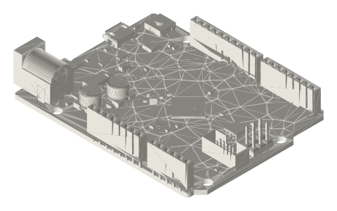 Adafruit Metro (Uno form factor), Metro Mini and Grand Central (Mega form factor), isometric render of a generated part