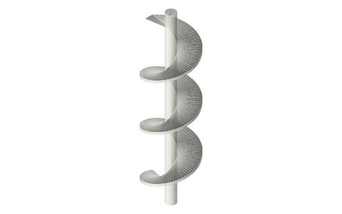 Archimedes screw rotor Ø60, pitch 60, 3 turns, Ø12 shaft, isometric render of a generated part