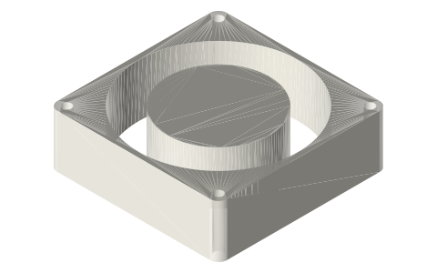 Axial fans, 25 to 140 mm: frames and hole patterns, isometric render of a generated part