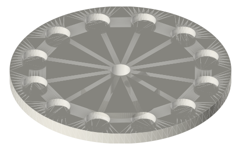 Axial-flux alternator kit: magnet rotor plates, 3-phase stator, coil bobbins, hall RPM pickup, isometric render of a generated part