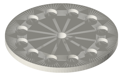 Axial-flux rotor plates: Ø90 with 12 magnets (Ø8 bore), Ø70 with 8 magnets (Ø5 bore), isometric render of a generated part