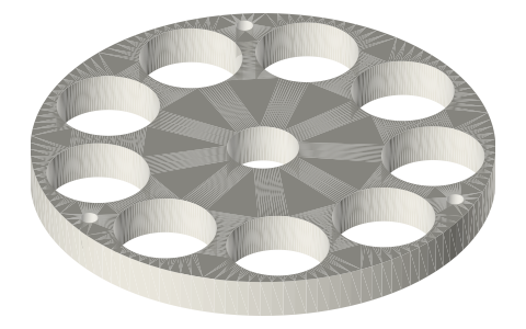 Axial-flux stator plates: Ø90 9-coil and Ø70 6-coil, isometric render of a generated part