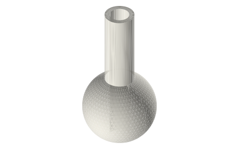 Ball-ended tube: Ø30 ball on a Ø12 tube, Ø8 bore through, isometric render of a generated part