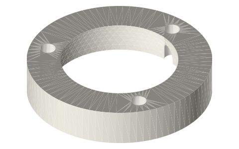Ball-joint cap: Ø40 × 8 ring with an R15 spherical seat and 3 × Ø3.4 holes, isometric render of a generated part