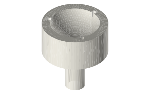 Ball-joint socket: Ø40 body with an R15 hemispherical cup on a Ø12 tube, 3 × Ø2.5 (M3 tap) holes, isometric render of a generated part