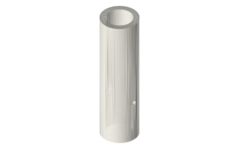 Bayonet tube Ø20 × Ø14 × 70 with two Ø3 stud holes, isometric render of a generated part