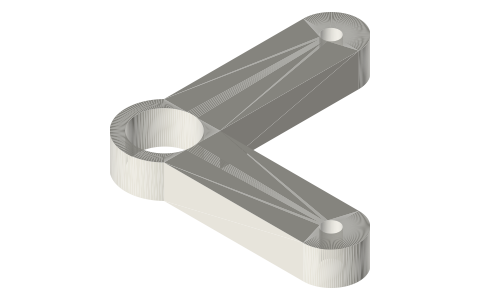 Bell cranks: 30 × 30 and 20 × 40 mm arms at 90°, isometric render of a generated part