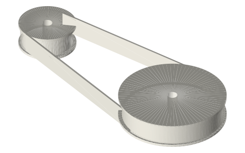 Open flat belt and two pulleys (2 : 1), isometric render of a generated part