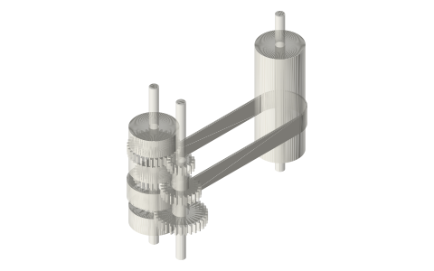 Three speeds by shifting a belt over pulleys carrying gears (16 / 24 / 32 T), isometric render of a generated part
