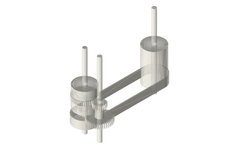 Two speeds by shifting a belt between pulleys carrying gears (20 / 40 T), isometric render of a generated part