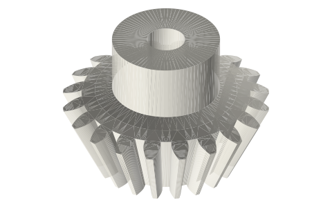 Bevel pinion, module 1.5, 20 teeth for a 30-tooth wheel at 60° shaft angle, spherical involute, isometric render of a generated part