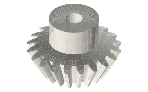 Bevel pinion, module 1.5, 20 teeth (for a 40-tooth wheel at 90°), spherical involute, isometric render of a generated part