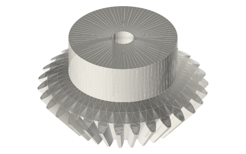 Bevel wheel, module 1.5, 30 teeth for a 20-tooth pinion at 60° shaft angle, spherical involute, isometric render of a generated part