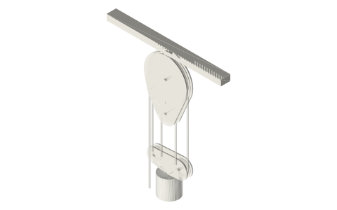 Blocks and tackle, two sheaves in each block (4 : 1), isometric render of a generated part