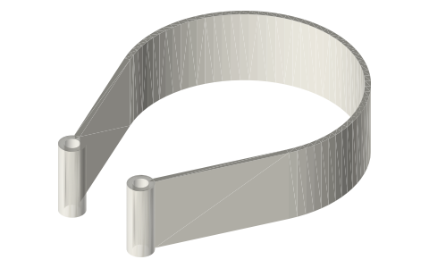 Brake strap 20 × 1.5 wrapped 228.78° round a Ø60 drum, eyes on Ø4 pins 24 mm apart, isometric render of a generated part