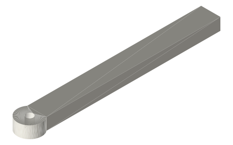 Follower bar 8 × 5 with Ø3 roller pin hole (75 mm), isometric render of a generated part