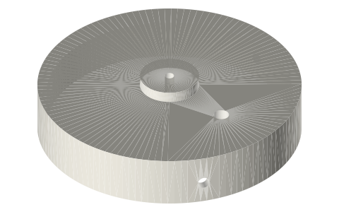 Can-engine printed kit: can caps, diaphragm clamps, displacer guides, crank stands, CD/platter hubs, syringe cradles, isometric render of a generated part
