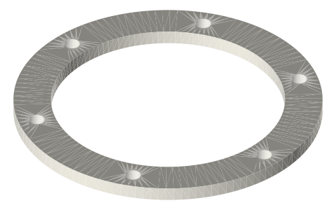 Can-lid diaphragm set: membrane, clamp rings and centre disc, Ø40 / 50 / 60, isometric render of a generated part