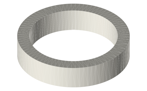 Linear-alternator stator that clamps round a 2 in tri-clamp tube: four coils outside the pressure wall, isometric render of a generated part