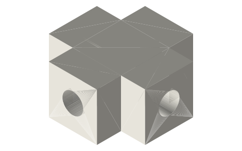 Cardan joint cross (spider) 14 × 14, 7 mm arms, Ø3 pin holes, isometric render of a generated part
