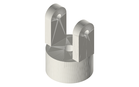 Cardan joint yoke Ø22, Ø5 bore, forks 14 apart (Ø3 cross-pin holes), isometric render of a generated part