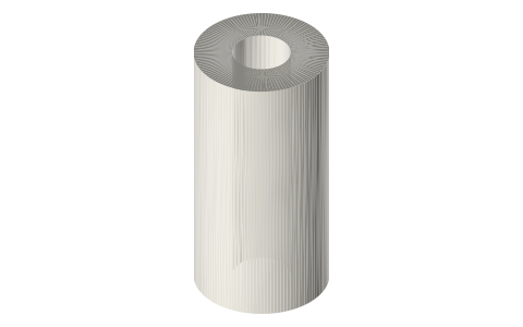 Ceramic standoff Ø10 × 20 mm, Ø4.3 hole (M4), isometric render of a generated part