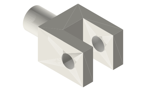 Clevises with M3 tapped shank: Ø3, Ø5 and Ø6 pins, 5 to 12 mm gaps, isometric render of a generated part