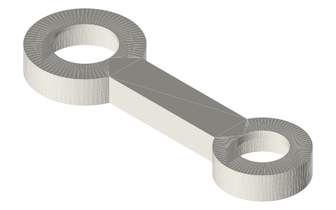 Con-rods and links with a 626 big end and a 625 small end: 55 to 488 mm, isometric render of a generated part
