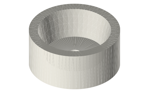 Cone-clutch cup Ø50, 12.5° internal cone (Ø40 → Ø32.9 over 16 mm), Ø8 bore, isometric render of a generated part