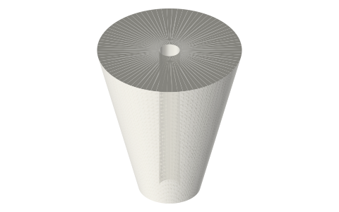 Cone pulley Ø24 → Ø56 × 64, Ø8 bore, isometric render of a generated part