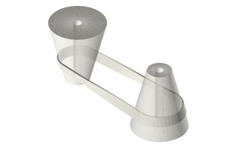 Cone pulleys (speed cones) for gradually varied speed, isometric render of a generated part