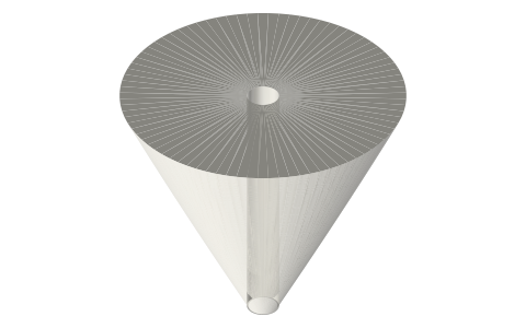 Conoid (curved cone) pulley Ø24–Ø56 × 64, profile for constant open-belt length at 110 mm, isometric render of a generated part