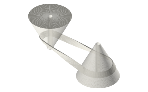 Conoid (curved cone) pulleys: varied speed with a belt of constant length, isometric render of a generated part