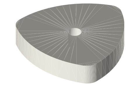Constant-breadth cam: rounded Reuleaux triangle, breadth 40, Ø5 bore at its centre, isometric render of a generated part
