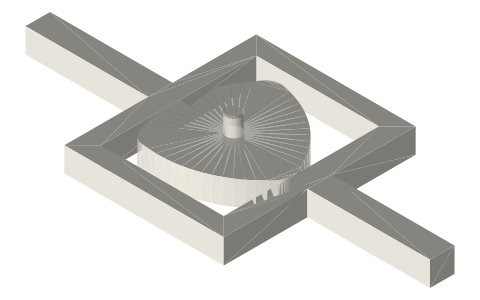 Constant-breadth cam turning in a yoke (three strokes per turn), isometric render of a generated part