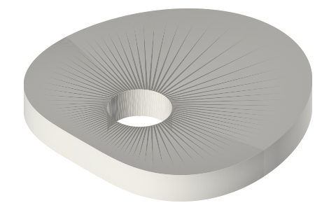 Constant-diameter cam for two Ø10 rollers 44 mm apart, 4 thick, Ø8 bore, isometric render of a generated part