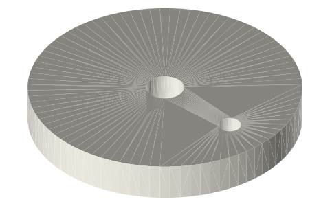 Crank disc Ø36 × 5, Ø5 bore, Ø3 pin hole at 12 mm, isometric render of a generated part
