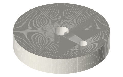 Crank discs for a Ø5 shaft, 10 to 30 mm stroke, isometric render of a generated part