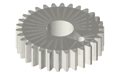 Crank gear, module 1, 30 T with a Ø3 crank-pin hole at 10 mm, isometric render of a generated part