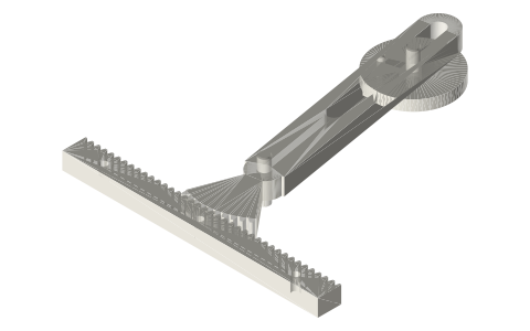 Crank, slotted arm and toothed sector driving a rack, isometric render of a generated part