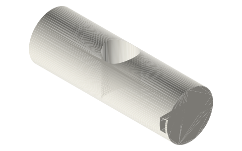 Cross dowels (barrel nuts) M6 × Ø10 × 30 for flat-pack bed and table bolts, isometric render of a generated part