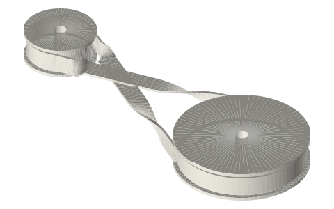 Crossed belt drive (driven pulley reversed), 2 : 1, isometric render of a generated part