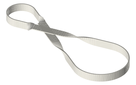 Crossed flat belt 12 × 1.5 for Ø40 and Ø80 pulleys at 160 mm (loop drawn on the pulleys), isometric render of a generated part