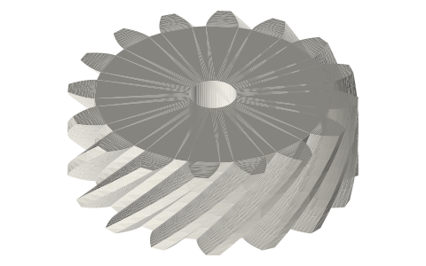 Helical gear, normal module 1.5, 16 teeth, helix 45° right hand, face 12, Ø6 bore, isometric render of a generated part