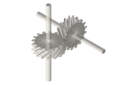 Crossed helical (spiral) gears on shafts at 90°, 16 : 16, isometric render of a generated part