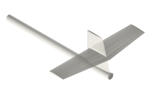 Cruciform tail (stabiliser part-way up the fin), isometric render of a generated part